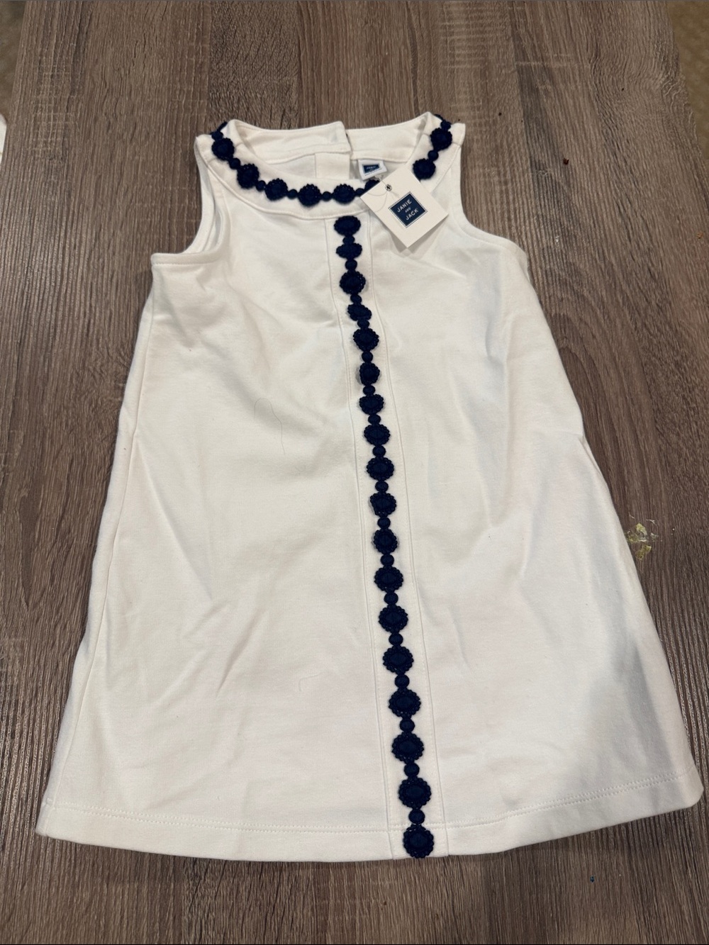 Janie and Jack White Dress with Navy Pom-Trim